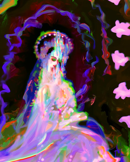 A vibrant, psychedelic digital artwork depicting a ghostly figure in flowing robes with a beaded headpiece, surrounded by swirling colors, pink flowers, and glitchy, ethereal distortions.