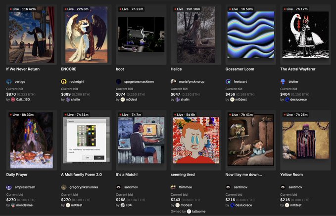 A SuperRare auction grid displays 12 live digital art pieces with countdown timers ranging from 1h 26m to 11h 42m, featuring works like "If We Never Return" (11h 42m), "ENCORE" (22h 8m), "boot" (7h 22m), "Helice" (10h 10m), and "Gossamer Loom" (1h 59m), with current bids in ETH and USD shown beneath each listing. The image corresponds directly to the accompanying post, showcasing the lineup of featured live auctions and their respective artists as referenced in the caption.