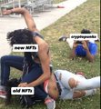 A small outdoor scene showing people sitting on the grass with captions "new BF" and "old BF" pointing to different individuals.