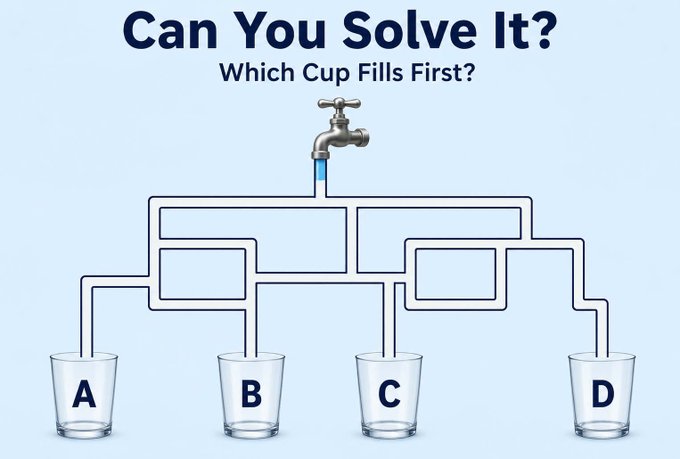 A puzzle titled 'Can You Solve It? Which Cup Fills First?' showing a faucet connected to a network of pipes leading to four cups labeled A, B, C, and D.
