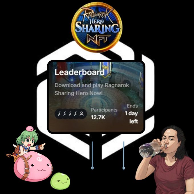 The image features a cartoon girl with green hair holding a pink object, possibly a toy or a stuffed animal. The background of the image is black, which contrasts with the colorful elements present. In the center of the image, there's a white sign that says "Leaderboard" and displays some text about the leaderboard for the game "Ragnarok Hero Sharing". A person can be seen drinking from a water bottle in the bottom right corner of the image.
