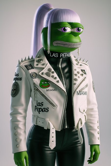 A 3D-rendered anthropomorphic green frog character with a purple ponytail, wearing a studded white leather jacket branded with 'las pepas' and 'MIAMI'.