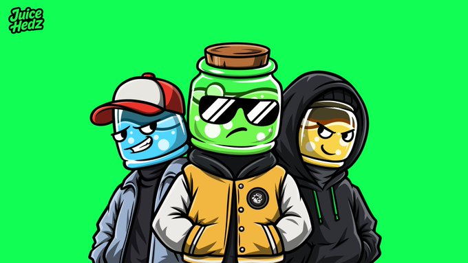 The image features three cartoon-style beverage jars with sunglasses and streetwear (hoodies, a varsity jacket, and a baseball cap), labeled "JuiceHedz" in the top corner, visually capturing the meme-coin brand's bold, vibe-driven identity teased in the post ahead of its Robinhood collaboration.