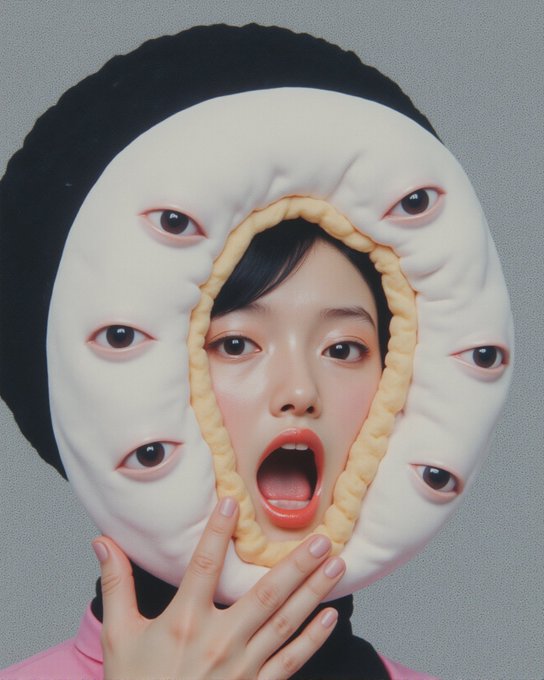 An artistic photo shows a woman with an open mouth holding a bizarre plush mask with multiple eyes surrounding a central face opening.