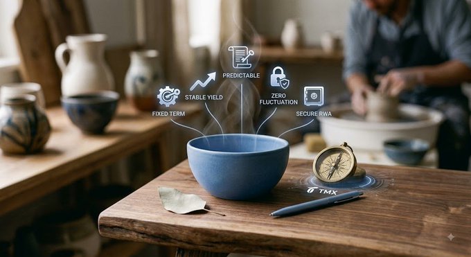 A blue ceramic bowl on a wooden pottery studio table emits holographic icons labeled 'PREDICTABLE', 'STABLE YIELD', 'FIXED TERM', 'ZERO FLUCTUATION', and 'SECURE RWA', with 'TMX' visible on the table.