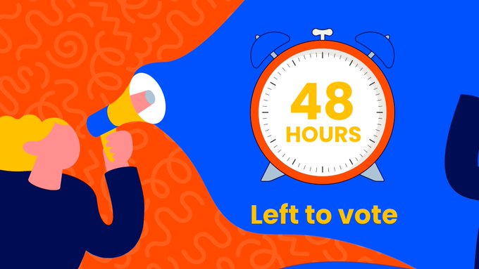 A bold graphic features a person shouting through a yellow and white megaphone on the left, while a large orange alarm clock displays "48 HOURS" on the right, accompanied by the text "Left to vote." The image visually reinforces the post's urgent message about the Cardano (CC) 2026 governance update vote closing soon, requiring 67% DRep and 51% SPO approval by September 1st.