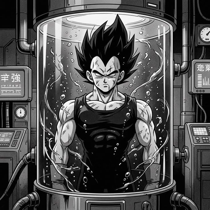 A black-and-white anime-style illustration of a spiky-haired muscular warrior submerged in a liquid-filled cylindrical tank surrounded by pipes and machinery, with Japanese text visible on side panels.