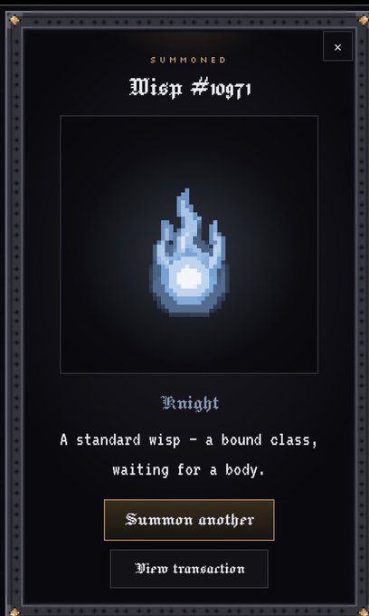 A dark UI panel showing a pixel-art blue flame labeled "Wisp #10971" with the class "Knight" and text reading "A standard wisp - a bound class, waiting for a body."