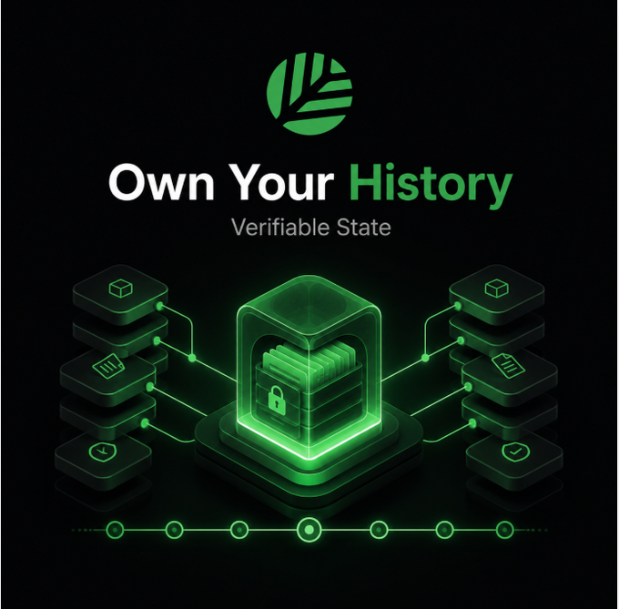 A promotional graphic with the text 'Own Your History - Verifiable State' featuring a green glowing 3D cube with a lock icon connected to smaller nodes.
