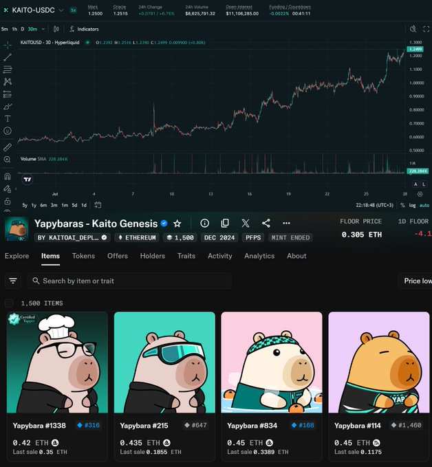 A trading interface showing the KAITO-USDC price chart on Hyperliquid alongside the 'Yapybaras - Kaito Genesis' NFT collection floor price of 0.305 ETH, with individual Yapybara items listed at 0.42-0.45 ETH.