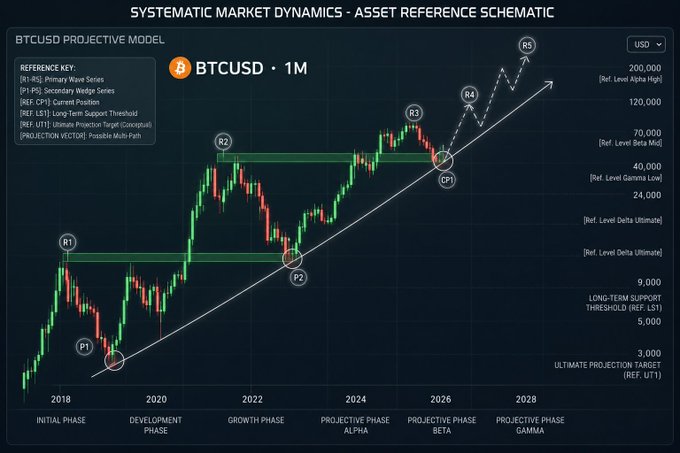 A BTCUSD 1M projective model chart spanning 2018–2028, mapping historical price swings (P1–P3) and resistance levels (R1–R5) onto phased stages from Initial to Projective Gamma, with key reference thresholds at ~$5K (Long-Term Support), ~$9K (Delta Ultimate), ~$70K (Beta Mid), and an Ultimate Projection Target up to $200K. The chart visually reinforces the post's thesis: Bitcoin has returned to the primary wedge support trendline, and prior rebounds from that line (at P1, P2, CP1) preceded rallies toward successive resistance levels, supporting the projected $120K–$200K+ upside scenario.