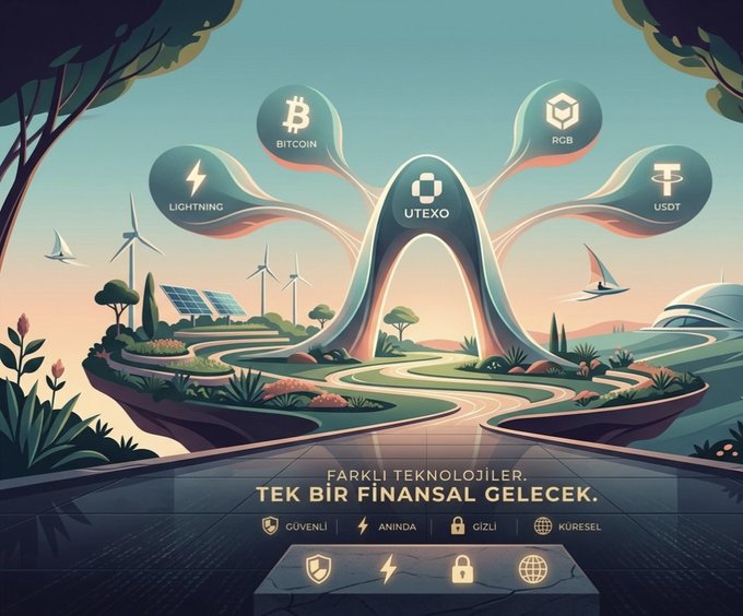 A digital illustration promoting UTEXO cryptocurrency displays floating orbs labeled 'BITCOIN', 'LIGHTNING', 'RGB', and 'USDT' with Turkish text 'FARKLI TEKNOLOJİLER, TEK BİR FİNANSAL GELECEK' (Different technologies, one financial future).