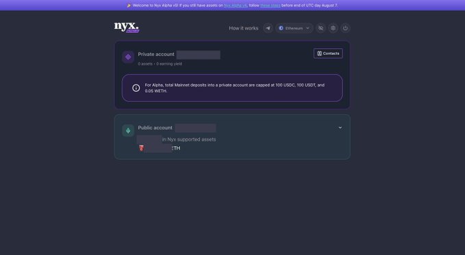A screenshot of the nyx.xyz DeFi platform showing private and public accounts for a user, noting that total Mainnet deposits into the private account are capped at 100 USDC, 100 USDT, and 0.05 WETH.