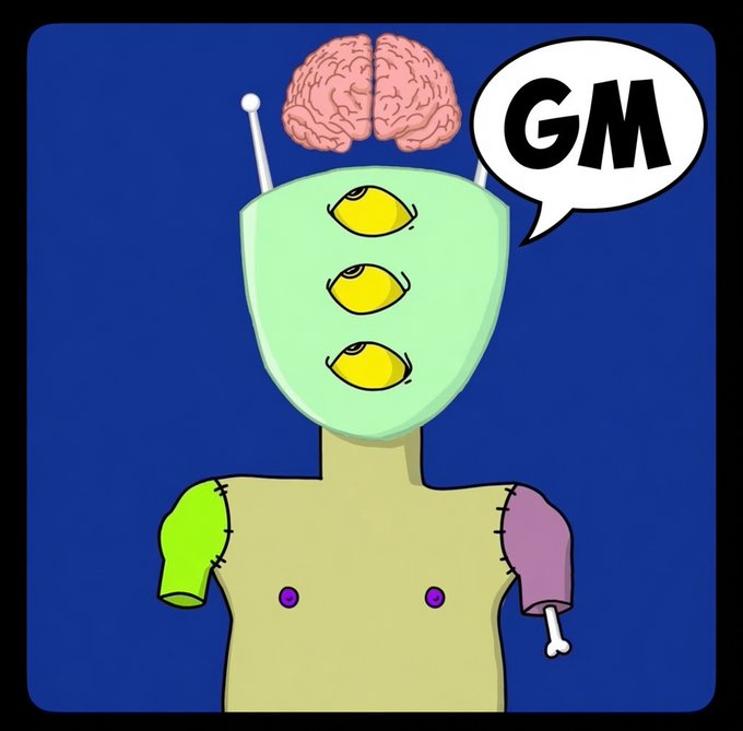 A cartoon illustration of a robot-like figure with a brain on top and three yellow eyes on its face, saying 'GM' in a speech bubble against a blue background.