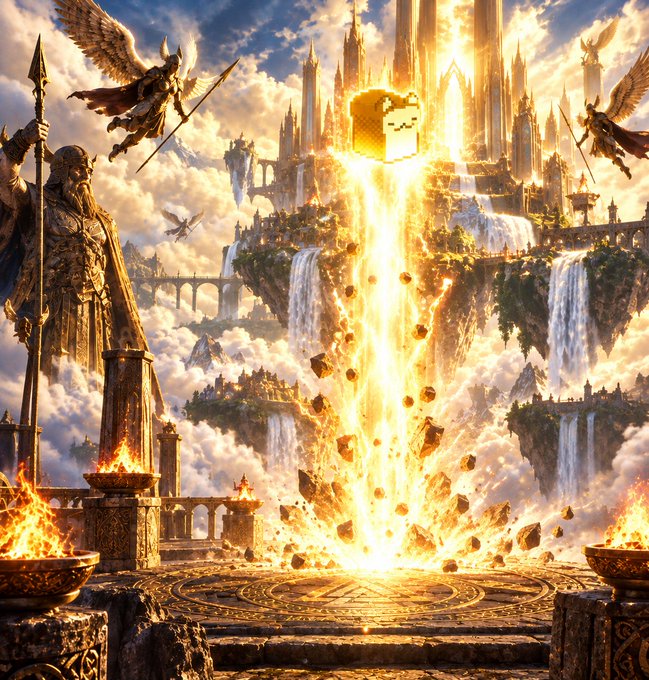 A fantasy digital artwork showing a glowing portal of golden energy erupting from a stone circle, with winged angels, a knight statue, and a floating castle in the background.