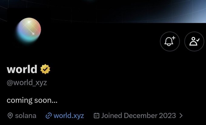 A profile screenshot shows the "world" account (@world_xyz) with a checkmark, displaying "coming soon…" along with a Solana location tag and a world.xyz website link, aligning with the post teasing an upcoming Solana project.