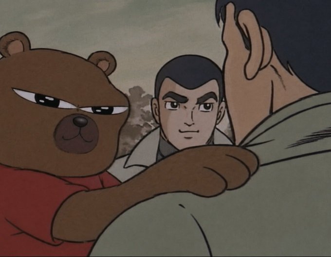 A brown bear with an angry expression hugs a man from behind while another man looks on, appearing to be a scene from a vintage anime. The bear's aggressive demeanor and the awkward, forced embrace humorously mirror the post's question about NFTs returning, suggesting an unwelcome or forced reunion that no one asked for.
