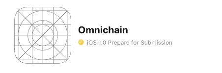 A minimalist app icon design for 'Omnichain' showing a geometric square pattern with the subtitle 'iOS 1.0 Prepare for Submission'.