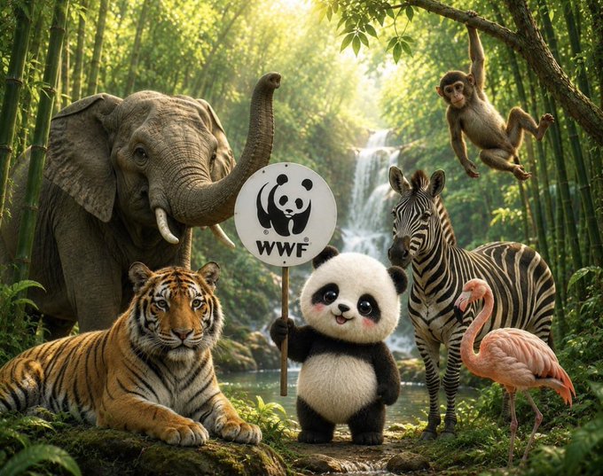 AI-generated illustration of a jungle scene featuring a tiger, elephant, zebra, flamingo, and monkey, with a panda holding a WWF sign in the center.
