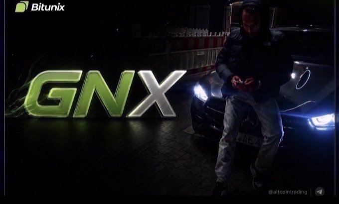 Promotional image for Bitunix's GNX token, showing a person standing in front of a luxury car at night with the Bitunix logo and @altcointrading handle.
