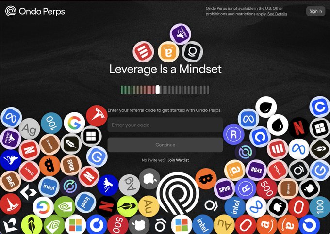 The image features a screenshot of a computer screen displaying a website page called "@OndoPerps", which seems to be launching an equities, indices, or commodities platform for trading. The logo for the platform can be seen at the bottom left corner and there's some text on the right side of the screen about leveraging being a mindset. The screenshot also contains various social media icons scattered across its surface, adding a visually interesting aspect to the image.