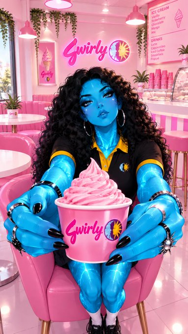 A digital artwork featuring a blue-skinned woman holding a pink soft-serve ice cream cup with the "Swirly" brand logo, set in a pink-themed ice cream parlor.