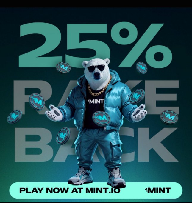 An advertisement featuring a polar bear in sunglasses and a teal puffer jacket surrounded by MINT tokens, promoting '25% RAKEBACK' with text reading 'PLAY NOW AT MINT.IO' and the MINT logo.