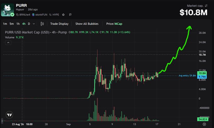 A cryptocurrency price chart for the PURR token on Hypurr, showing a market cap of $10.8M and a PURR/USD price around $91.7K with a +13.64% gain, highlighted by a green arrow pointing upward.