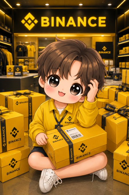 The image features a cartoon boy sitting next to boxes of Bitcoin merchandise, including yellow boxes with the Bitcoin logo. The boy appears to be holding one of these boxes while posing for the photo. The text "Good morning Binance Family Today I am working at Binance U need any gifts tell me in comment" is present in the image as well. This suggests that someone might have sent a message or posted about needing Bitcoin merchandise, and the boy has been included in this post to showcase his involvement with the Bitcoin community.