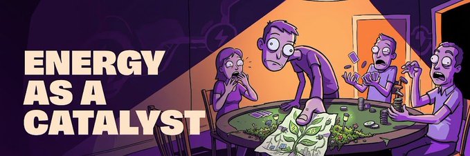 Illustrated cartoon of four anxious characters playing cards around a table with money, titled 'ENERGY AS A CATALYST' in white text on a dark purple background.