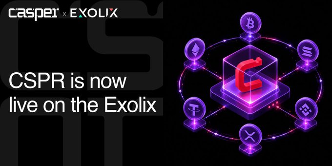A promotional graphic announcing that 'CSPR is now live on the Exolix' exchange, featuring the Casper and Exolix logos alongside various cryptocurrency symbols.