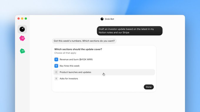 A screenshot of a Grok Bot interface showing a user request to 'Draft an investor update based on the latest in my Notion notes and our Stripe,' with an interactive checklist of update sections including 'Revenue and burn ($412K MRR),' 'Key hires this week,' 'Product launches and updates,' and 'Asks for investors.'