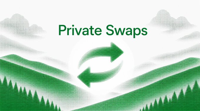 A green graphic with a halftone mountain landscape background features the text 'Private Swaps' above two rotating arrows.