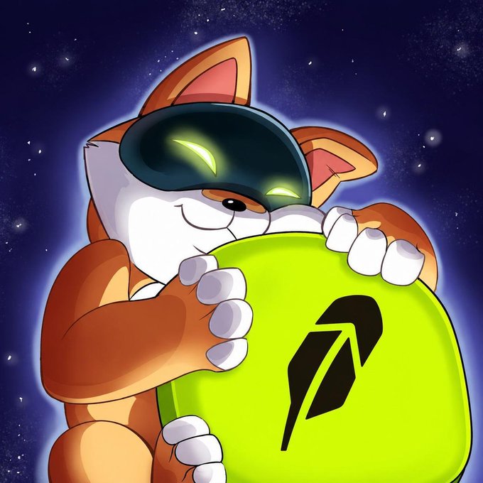 A digital illustration of a cartoon fox or cat-like creature wearing a dark visor with glowing green eyes, hugging a yellow-green orb marked with a black feather symbol against a starry background.
