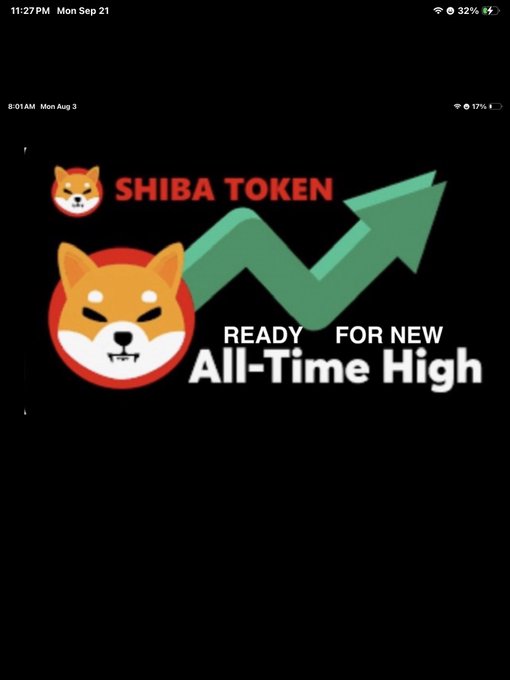 A mobile phone screenshot dated 11:27PM Mon Sep 21 displaying a graphic with a Shiba Inu dog, a green upward arrow, and the text 'SHIBA TOKEN READY FOR NEW All-Time High.'
