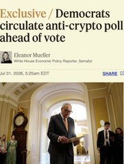 This image shows a headline announcing "Democrats circulate anti-crypto poll ahead of vote," reflecting the accompanying post about a poll showing 84% unfavorable views of crypto-backed candidates.
