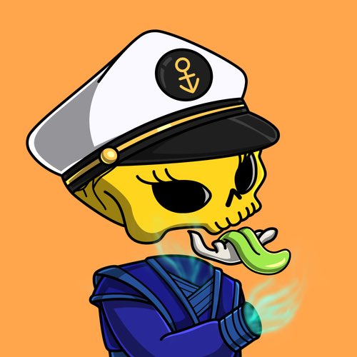 A cartoon illustration of a yellow skeleton character wearing a blue sailor's uniform and a white captain's hat featuring a black anchor symbol, holding a smoking cigar against an orange background.