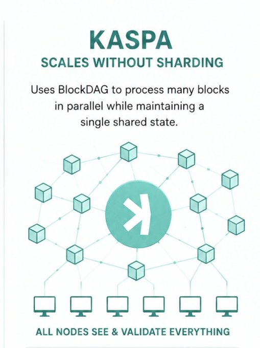 KASPA promotional graphic titled 'SCALES WITHOUT SHARDING' explaining that it 'Uses BlockDAG to process many blocks in parallel while maintaining a single shared state,' with a network diagram showing cubes connected to multiple computer nodes labeled 'ALL NODES SEE & VALIDATE EVERYTHING.'