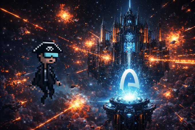 A pixelated character wearing a pirate hat and sunglasses floats in front of a dramatic sci-fi scene featuring a gothic castle and a glowing blue "G" symbol surrounded by fiery meteors.