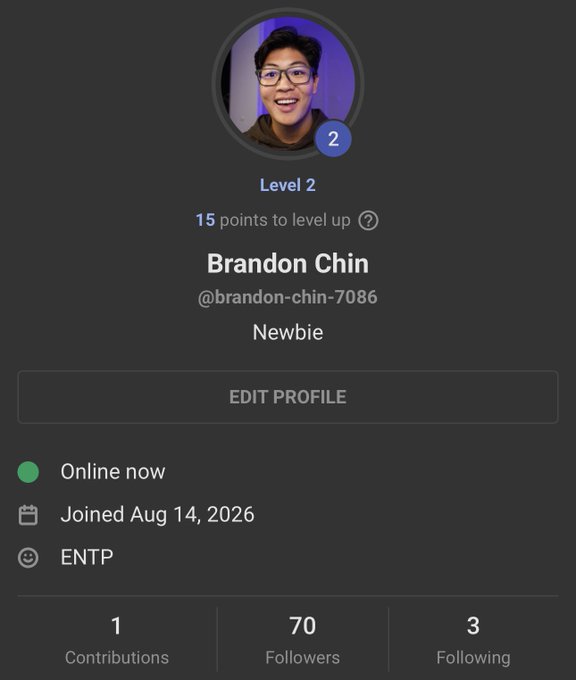 A profile page for 'Brandon Chin' (@brandon-chin-7086) showing 'Level 2', 'Newbie' status, '15 points to level up', '1 Contributions', '70 Followers', and '3 Following'.