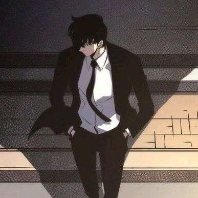An anime-style illustration of a young man with dark hair wearing a black suit, white shirt, and black tie, standing in a dimly lit setting.