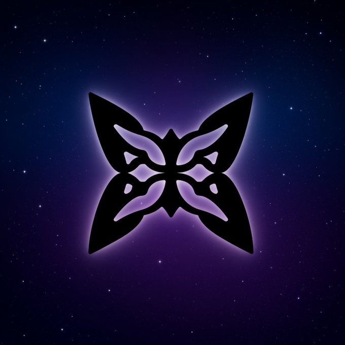 A glowing black butterfly-like logo or symbol is centered against a dark purple starry background.