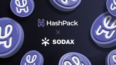 A graphic showing 'HashPack x SODAX' branding with purple coins scattered around the text.