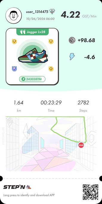 The image shows a phone screen displaying a fitness app called "StepN" with a map of a city, which is used for tracking physical activities such as walking or running. The app also provides information about the user's progress, including their distance traveled, calories burned, and steps taken.