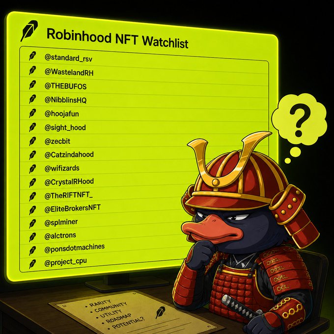 An illustration showing a samurai-armored duck character thinking with a question mark, looking at a computer monitor displaying a 'Robinhood NFT Watchlist' with usernames like @standard_rsv, @WastelandRH, and @THEBUFOS.
