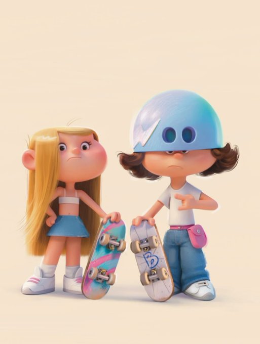 Two stylized, cartoon-like characters with skateboards; one has long blonde hair and a blue skirt, while the other wears a blue helmet with a lightning bolt and jeans.