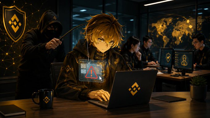 An anime-style illustration showing a hooded hacker working on a laptop displaying a Binance (BNB) logo, with warning pop-ups, shadowy figures in the background, and a Binance shield emblem.