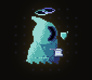 Pixel art of a hooded figure in teal robes with a halo, holding a glowing object.