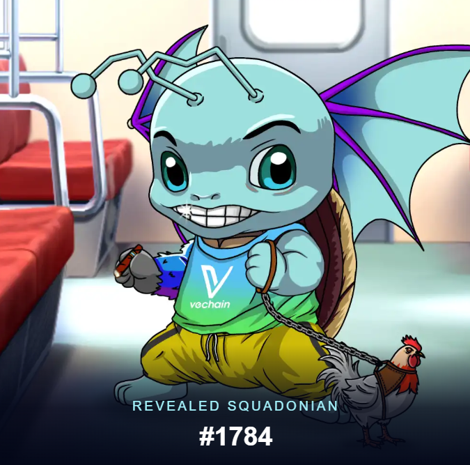 An NFT-style illustration labeled 'REVEALED SQUADONIAN #1784' featuring a cartoon turtle-like creature wearing a VeChain shirt with bat wings and a rooster companion.