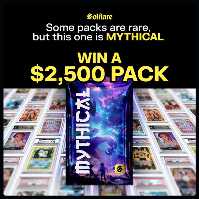 Promotional graphic for a Solflare giveaway featuring a "Mythical" themed booster pack displayed against a backdrop of graded Pokémon cards, with bold yellow text announcing "WIN A $2,500 PACK" to hype up the upcoming Round 3 details mentioned in the post.